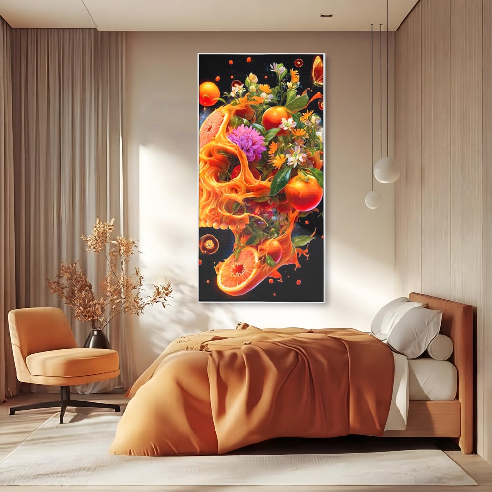 Tablou canvas cu tablou canvas cu craniu din portocale, in rama de aluminiu argintiu, pe perete intr-un dormitor